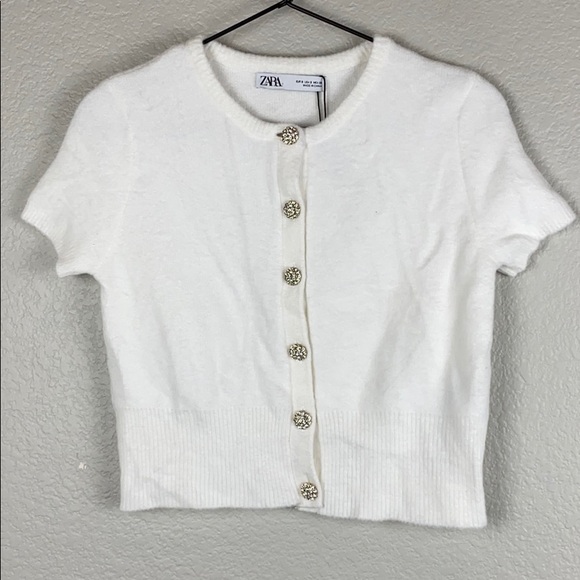 Zara Sweaters - Zara jeweled button short sleeve white cardigan